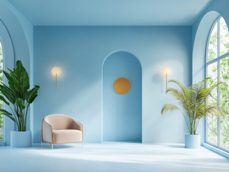 Minimalist interior design of a modern living room with blue walls, arched doorways and window frames, small round mirrors on the wall, large windows, indoor plants, high ceiling, a large armchair, and an empty space for text in the center. This 3D rendering illustration features a bright color scheme. --ar 4:3 --v 6.1 Job ID: fc2f468f-1a62-44af-a3f4-22da73eab7ebの素材