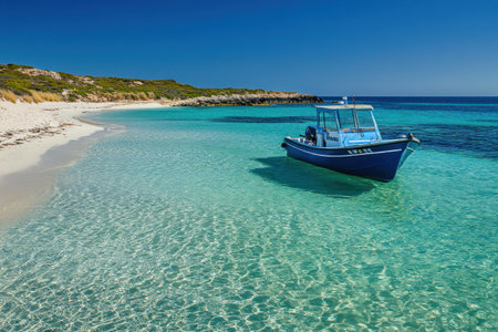 Photo of a blue fishing boat on the clear waters near a crystal-clear turquoise water with a white sandy beach and a calm sea, taken by a Canon EOS camera using a wide-angle lens at an f/8 aperture setting. --ar 3:2 --v 6.1 Job ID: ad558916-7af3-4c42-9fff-53f44ede7fd5の素材