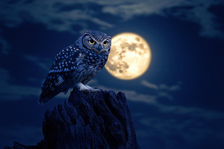 Owl perched on a tree trunk with the moon in the background, night sky, full-body shot, in the style of National Geographic photography. --ar 3:2 --v 6.1 Job ID: c7cec72d-c6af-4683-a491-61a081ee92d9の素材