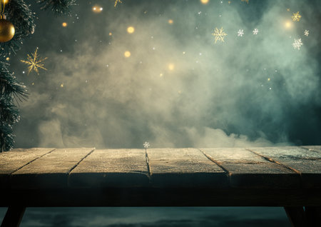 Christmas background with a wooden table and misty lights, snowflakes, stars, and decorations on a photo backdrop for product display. --ar 7:5 --v 6.1 Job ID: 3e1cf1d0-8bbb-4363-b77e-2f64e8825316の素材