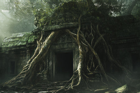 Photo of an ancient temple in the jungle, covered with roots and vines that envelop its walls. The entrance is made by giant tree roots growing through it. --ar 3:2 --v 6.1 Job ID: 56ab7e39-6487-45ed-9a27-4ccb5568cd56の素材
