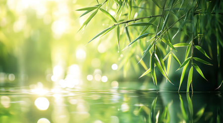 Beautiful green bamboo background with water reflection and sunlight. The concept of nature, healthcare, yoga, or spa in the style of naturalistic bird portraits, bokeh panorama, Zen garden-inspired designs, tranquil scenes, soft tonal range, photo taken with a Canon EOS, beautiful photography, natural light, high resolution. --ar 9:5 --v 6.1 Job ID: 5bd61aa5-706a-45c7-9d9c-1a864aa3bed5の素材
