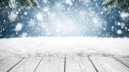 background with wood floor and snow, snowflakes falling, pine branches in the background, blue tones, bokeh lights, photo backdrop for party or product display, winter wonderland theme --chaos 30 --ar 16:9 --v 6.1 Job ID: 39038ecc-48aa-40fd-b357-1f3b2ac02840の素材