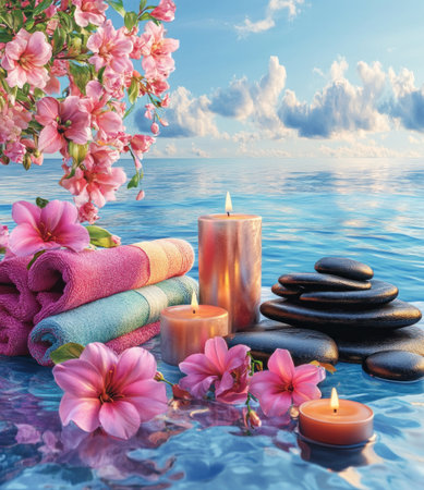 An artistic representation of a spa setting with pink flowers, candles, and massage stones on the table by the poolside overlooking the sea. The scene includes textured fabrics like satin and linen, a colorful towel wrapped around some candles to add warmth, surrounded by water reflections and a tranquil blue sky. A small pile of black hot rocks can be seen in the background. --ar 13:15 --v 6.1 Job ID: 20beff72-a28e-490d-bc67-0328b5583144の素材