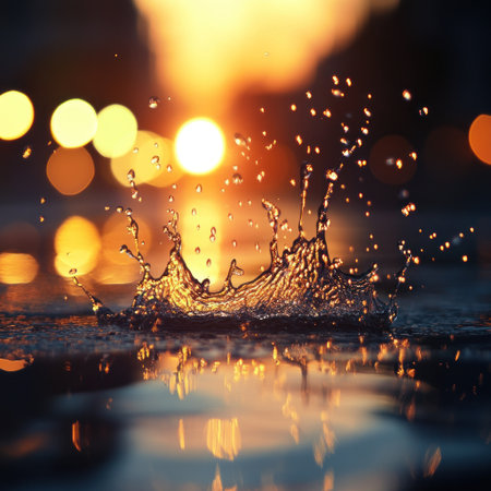 Photorealistic shot of water splashing on the ground, blurred background with lights in the distance, shallow depth of field, macro photography, bokeh effect, close-up shot, low-angle camera view, reflection on a wet surface, cinematic lighting, dynamic composition, blurred motion, water droplets, detailed texture, evening scene, urban environment. --v 6.1 Job ID: 55f031c7-4f1e-4ef5-b64b-8d408cce0e2eの素材