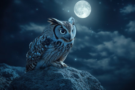 Owl in the moonlight, photorealistic landscapes, realistic detail, National Geographic-style photography, full-body portrait, night scene, moonlit sky, moon above the owl's head. --ar 3:2 --v 6.1 Job ID: c75a76bb-8093-47cf-8fb2-ca8683329a53の素材