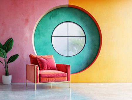 Modern interior design with vibrant colors, featuring an armchair and windows. A colorful round window frames the room's decor, creating a lively atmosphere. The color palette includes shades of pink, orange, teal, blue, red, and green, adding vibrancy to your space. This design is perfect for modern living spaces or home decor. --ar 4:3 --v 6.1 Job ID: bba0dc04-1b5f-4a85-8c0d-1a4e12a7be02の素材