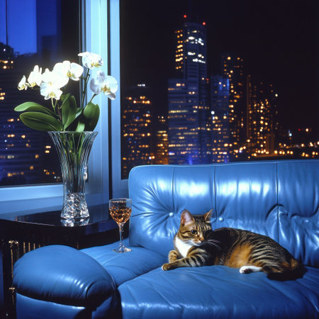 Photograph of an elegant cat lounging on the armrests in front of a blue leather sofa, with a tall vase holding a white orchid beside it and a crystal glass for a cocktail drink, a large window behind showing a cityscape at night with skyscrapers and lights, a high-end hotel lounge vibe, and a luxurious interior design. --v 6.1 Job ID: 1742a5c0-41b1-40f5-b0e2-b81696b34bb7の素材