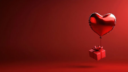 Photo of a heart-shaped balloon holding an open gift box on a red background, symbolizing Valentine's Day. Web banner with copy space on the right. --chaos 30 --ar 16:9 --v 6.1 Job ID: 048db090-eb6a-4b7c-a191-24ec54a1267dの素材