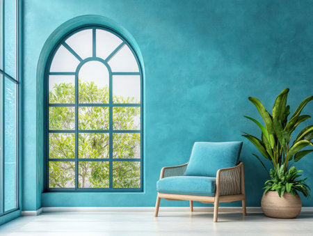 Modern interior design, featuring a turquoise blue wall with a round window and an arched door frame. The room includes an armchair and potted plants on the floor, captured in high-resolution photography. --ar 4:3 --v 6.1 Job ID: d75df7e7-bd29-4443-860a-cacc17740006の素材