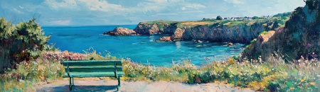 Panoramic view of the bay at Guernsey with a green bench overlooking the cliffs and blue sea. --ar 52:15 --v 6.1 Job ID: b05d280b-d708-431f-80f8-78441e27e414の素材