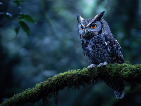 Photo of a crested screech owl, perched on a moss-covered tree branch in the Amazon Rainforest at night. The dense forest backdrop is dark and mysterious, with distant trees visible through the misty air. The owl has striking orange eyes. Captured in the style of Canon EOS R5. --ar 4:3 --v 6.1 Job ID: 1b58f1b0-5c52-416a-8096-4b05bc296b53の素材