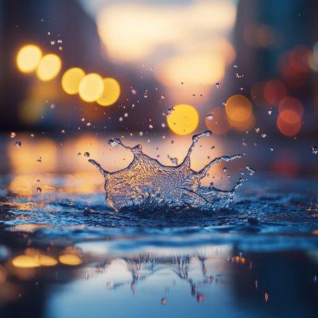 Photorealistic shot of water splashing on the ground, blurred background with lights in the distance, shallow depth of field, macro photography, bokeh effect, close-up shot, low-angle camera view, reflection on a wet surface, cinematic lighting, dynamic composition, blurred motion, water droplets, detailed texture, evening scene, urban environment. --v 6.1 Job ID: 55f031c7-4f1e-4ef5-b64b-8d408cce0e2eの素材