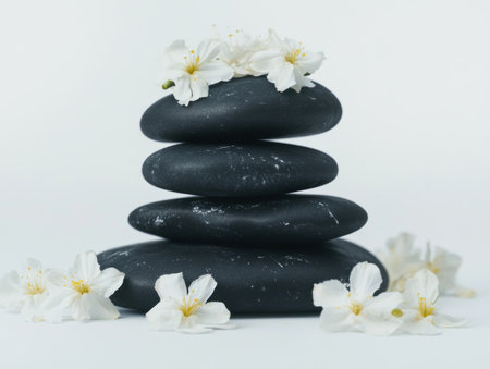 Photograph of a stack of black stones with jasmine flowers, isolated on a white background. Studio shot, high-angle view, soft lighting, white color palette, isolated elements, isolated objects, white background, professional photography, sharp focus, extreme detail, natural lighting, cinematic composition, cinematic scene, hyperrealistic. --ar 4:3 --v 6.1 Job ID: ea7f54df-a09d-4282-8923-7fdba6512d93の素材