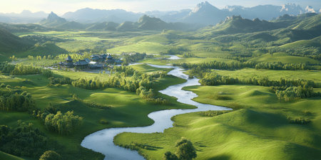 Chinese fantasy landscape, with rolling hills and green grasslands. Fantasy rivers flow through the valley, and Chinese-style mountains with strange rock formations rise in the distance. Chinese architecture can be seen in the background, and a Chinese dragon soars above the river. This is a concept art piece in the style of Craig Mullins, presented as a cinematic, aerial view matte painting in the style of John Harris. --ar 2:1 --v 6.1 Job ID: 97b29834-1abf-46fd-99a4-a956dbd4143cの素材