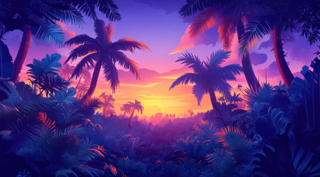 A tropical jungle with palm trees and plants at sunset, a blue, purple, and orange gradient sky, vector illustration, flat design, digital art, high resolution, high detail, no blur effect, no smoothness. --ar 128:71 --v 6.1 Job ID: 56d11c0f-e2e3-451b-b21b-8ee9e9238452の素材