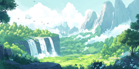 A wide shot of the landscape, a valley with green vegetation and waterfalls in the background, in the style of fantasy art, highly detailed illustrations, junglepunk style, high-angle view, spectacular backdrops, light white and dark emerald tones, high resolution, naturalistic bird paintings. --ar 2:1 --v 6.1 Job ID: 47917679-2d71-4594-8394-9bd164354e9eの素材