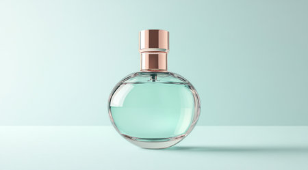 Minimalist style, simple background, clean and bright light blue background, a glass perfume bottle with rose gold cap, front view, close-up of the bottom half of the body, product photography, high-definition details, high resolution, high-quality image, high-end texture, high detail, high gloss, high reflection, no shadows. --ar 128:71 --v 6.1 Job ID: c1c9afa3-ffe8-42ce-9651-03b88b56667fの素材