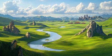 Chinese fantasy landscape, with rolling hills and green grasslands. Fantasy rivers flow through the valley, and Chinese-style mountains with strange rock formations rise in the distance. Chinese architecture can be seen in the background, and a Chinese dragon soars above the river. This is a concept art piece in the style of Craig Mullins, presented as a cinematic, aerial view matte painting in the style of John Harris. --ar 2:1 --v 6.1 Job ID: 97b29834-1abf-46fd-99a4-a956dbd4143cの素材