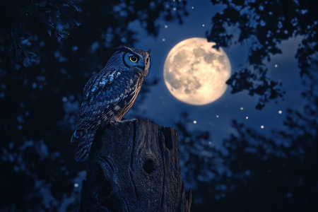 Owl perched on a tree trunk with the moon in the background, night sky, full-body shot, in the style of National Geographic photography. --ar 3:2 --v 6.1 Job ID: c7cec72d-c6af-4683-a491-61a081ee92d9の素材