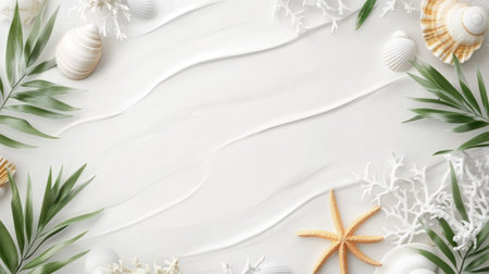 Beautiful white sand beach with starfish, shells, and corals on the shore, blue sky background, panoramic banner with copy space area for summer vacation concept. --chaos 30 --ar 16:9 --v 6.1 Job ID: a0b6ee72-8e2e-420c-92c7-c7c45e21302eの素材