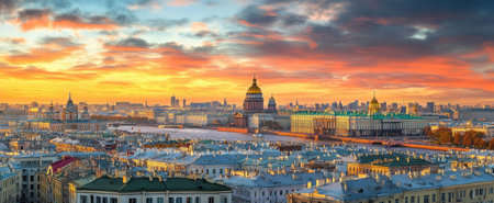 Panoramic view of the city of St. Petersburg, stunning panoramic photo of St. Isaac's Cathedral and Kazan Cathedral on the background of the skyline of the center of Saint Petersburg, golden domes of some buildings, a lot of white houses, green roofs, beautiful sky with clouds, summer time, sunset, warm colors, photorealistic, high-resolution photography, super detailed, shot in Hasselblad X2D, cinematic lighting, high contrast. --ar 73:30 --v 6.1 Job ID: ded11190-ecad-43bc-bcc5-398af0c5f133の素材