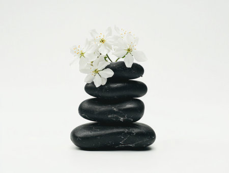 Photograph of a stack of black stones with jasmine flowers, isolated on a white background. Studio shot, high-angle view, soft lighting, white color palette, isolated elements, isolated objects, white background, professional photography, sharp focus, extreme detail, natural lighting, cinematic composition, cinematic scene, hyperrealistic. --ar 4:3 --v 6.1 Job ID: ea7f54df-a09d-4282-8923-7fdba6512d93の素材