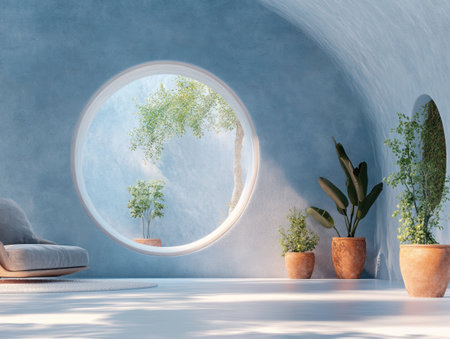Modern interior design, with a blue wall featuring a window and plant pots, a round arched door on the left side, a sofa chair, and a white floor. High-resolution, high-quality, high-detail, photo-realistic, hyper-realistic, professional photography, and high-definition imagery. --ar 4:3 --v 6.1 Job ID: 4669e045-8543-446c-8b2c-a526dd3e2512の素材