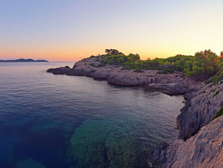 Photograph the iconic Esrosa Island at sunset, with its rocky silhouette against the backdrop of tranquil waters and lush greenery in Ibiza's Blue Island nature park. Use a wide-angle lens and natural lighting. --ar 4:3 --v 6.1 Job ID: bf65b139-142a-48b0-a5ba-eff8700189f0の素材