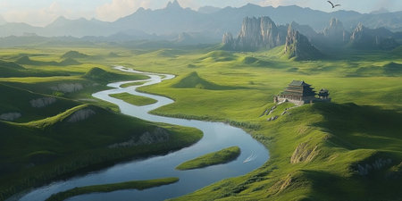 Chinese fantasy landscape, with rolling hills and green grasslands. Fantasy rivers flow through the valley, and Chinese-style mountains with strange rock formations rise in the distance. Chinese architecture can be seen in the background, and a Chinese dragon soars above the river. This is a concept art piece in the style of Craig Mullins, presented as a cinematic, aerial view matte painting in the style of John Harris. --ar 2:1 --v 6.1 Job ID: 97b29834-1abf-46fd-99a4-a956dbd4143cの素材