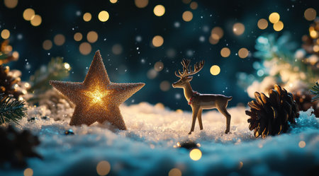 A star and reindeer figurine in the snow, surrounded by glowing lights, creating an enchanting atmosphere for Christmas and New Year. The scene is set against a backdrop of twinkling stars, with pine cones scattered around to add texture. A magical night sky filled with bokeh effects adds depth and sparkle to the composition. This image captures the festive spirit, making it suitable as a background or wallpaper. This is an ultra-realistic photograph captured with a high-resolution 20-megapixel camera. --ar 128:71 --v 6.1 Job ID: 4bb8cf15-8f1f-4909-86e2-862c550260c7の素材