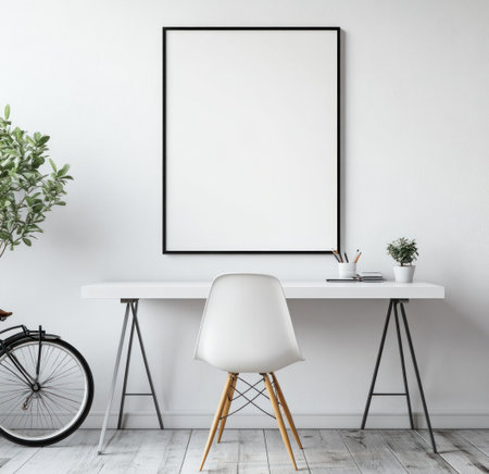 A white wall with an empty poster frame, a modern desk, and a bicycle in the background. A simple, minimalist, white room interior. Close-up, high-resolution photography, high quality. --ar 31:30 --v 6.1 Job ID: 67df04dc-2b34-449e-a102-e7955018c8c6の素材