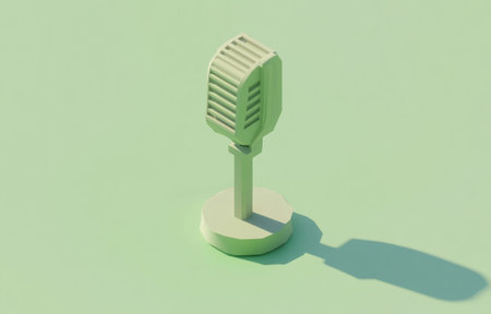 A simple isometric icon of an old microphone, with a clean light green background, in a minimalist style with a sense of design. Created using 3D rendering techniques, such as C4D, Blender, and OC Renderer, resulting in a high-resolution material. --ar 47:30 --v 6.1 Job ID: 17ef714b-2638-48ba-87f8-49649d8e24b8の素材