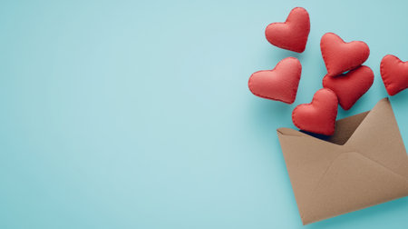 An envelope with red hearts flying out of it on a light blue background, in a flat lay, close-up. --chaos 30 --ar 16:9 --v 6.1 Job ID: 825a4861-a34e-4156-ae74-9eaa4b289b42の素材
