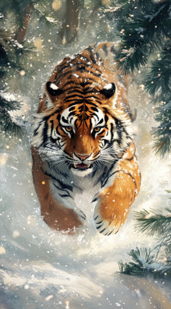 A tiger running through the snow, surrounded by pine trees, in the style of traditional Chinese illustration. The artwork captures the festive atmosphere of the Chinese New Year, with vibrant and colorful details. The natural lighting and high-resolution depiction of the tiger's fur and eyes create a masterful, highly detailed piece. --ar 71:128 --v 6.1 Job ID: 79745f2c-90fb-4802-b2fd-b9942ec7df82の素材