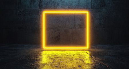 Abstract glowing yellow neon lines in a dark room, an empty virtual space for product presentation. A glowing square frame on a concrete floor background. Neon light tubes. Realistic 3D rendering. --ar 28:15 --v 6.1 Job ID: c0daaa9d-1e04-48eb-b2f5-93da1578681aの素材