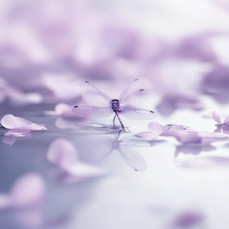 A tiny dragonfly with delicate wings, reflecting on the calm surface of the water, surrounded by scattered petals. Minimalistic photography with soft, elegant lighting and high levels of detail, in the style of black and purple. --v 6.1 Job ID: e105e0d7-f6a2-428d-867e-c429e3bf01cfの素材