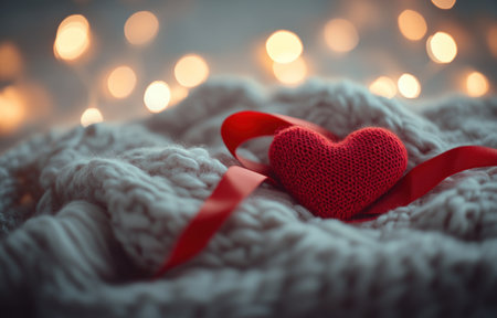 A Valentine's Day gift with a red ribbon and heart, placed on soft fabric in front of bokeh lights. The background is a light gray color with copy space for your message or text. A knitted blanket adds warmth to the scene. This stock photo highlights the romantic theme with a focus on coziness and elegance. It creates an atmosphere suitable for conveying love through digital marketing materials or social media posts. This ultra-realistic photograph was captured using a high-resolution 3D render with a Canon EOS-5D Mark III camera and EF lens. --ar 47:30 --v 6.1 Job ID: d40c6062-2ba2-4e65-bcc0-a57c7cd0e962の素材