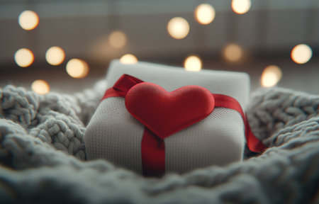 A Valentine's Day gift with a red ribbon and heart, placed on soft fabric in front of bokeh lights. The background is a light gray color with copy space for your message or text. A knitted blanket adds warmth to the scene. This stock photo highlights the romantic theme with a focus on coziness and elegance. It creates an atmosphere suitable for conveying love through digital marketing materials or social media posts. This ultra-realistic photograph was captured using a high-resolution 3D render with a Canon EOS-5D Mark III camera and EF lens. --ar 47:30 --v 6.1 Job ID: d40c6062-2ba2-4e65-bcc0-a57c7cd0e962の素材