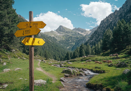 A wooden signpost with yellow signs pointing in different directions, leading to various hiking trails through the green mountains and forests of the Benasque Valley on a summer day in Spain. The landscape includes small streams flowing under a blue sky, with grazing animals visible along the paths, creating an idyllic outdoor adventure scene. High-resolution photography, taken with a Sony Alpha A7 IV camera at F2.8, ISO 400, with a wide-angle shot, natural light, and professional color grading. --ar 22:15 --v 6.1 Job ID: 47ba5aa5-e05a-46d0-ac0a-deb2b736628fの素材