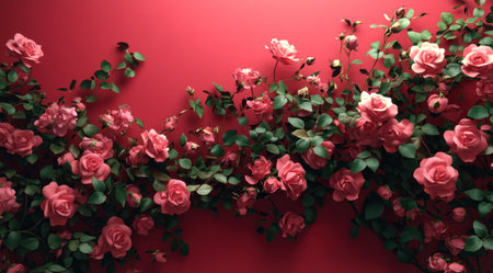 A wall of pink roses with green leaves, against a red background, in a hyper-realistic, cinematic style, with a top and front view, rendered using Octane. --ar 128:71 --v 6.1 Job ID: 051713ba-0a15-4884-9db3-e64414cacd2aの素材
