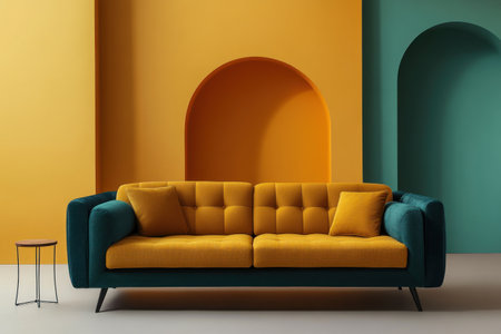 A three-seater sofa in mustard and teal, set against an abstract background of yellow and green geometric shapes. The room is minimalist, with clean lines and neutral colors. There is a small side table beside the couch, adding to its modern vibe. --ar 3:2 --v 6.1 Job ID: 24b4d2d0-6055-487d-8a1e-3018a8d0603eの素材