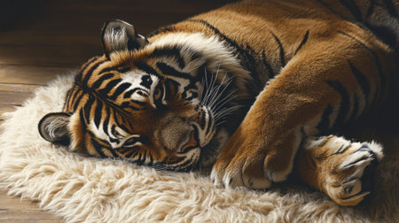 A tiger lies on the zebra skin, a close-up shot of its body and face, in a photorealistic style with a real fur texture, warm tones, rich details, and natural lighting in an indoor environment with soft illumination. The tiger is in a static posture. --chaos 30 --ar 16:9 --v 6.1 Job ID: 69c8c8f5-4f04-42eb-82a0-712db5780ee9の素材