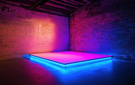 A simple rectangular platform with neon lights on the floor, illuminated by blue and purple light against an old brick wall background. The scene is set in a dark room, creating a dramatic atmosphere. --ar 8:5 --v 6.1 Job ID: 9ab27222-b898-45ae-8c57-6b8947e1fe0cの素材
