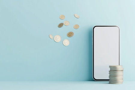 A white bill-shaped format with coins flying out of it, next to an iPhone on the right side of which is depicted money and a stack, against a light blue background, with simple shapes, in a 3D render, in a cartoon style, with white colors, in a minimalistic design, as a flat illustration. --ar 3:2 --v 6.1 Job ID: 251394e0-549b-42db-9e07-b5cb88c52caaの素材