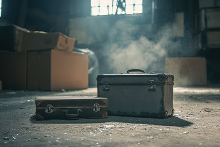 Old suitcases lie on the floor of an old warehouse. In front, there is one small suitcase, and next to it lies another large, gray and black travel case. Dust particles and light from above illuminate the scene, with boxes and cardboard in the background, creating a vintage style. The background is blurred, and the focus is sharp, resulting in a high-resolution, high-quality professional photograph. --ar 3:2 --v 6.1 Job ID: bb360136-d813-4435-9708-7c681ffb2806の素材