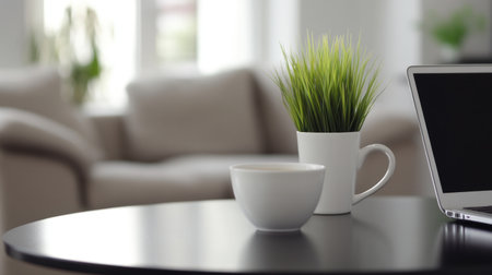 Laptop and coffee cup on a black table in a modern home office interior with a plant, evening lighting. High-resolution photography, insanely detailed, fine details, stock photo, professional color grading, soft shadows, low contrast, clean sharp focus. --chaos 30 --ar 16:9 --v 6.1 Job ID: a8e43fd5-a4ad-4f4d-9d36-d30fb107821aの素材
