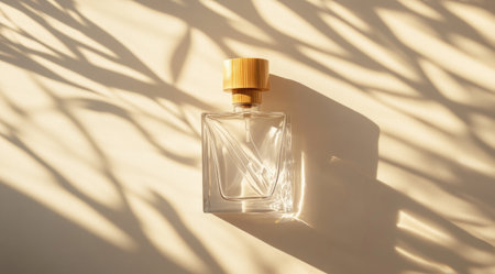 Minimalist clear glass perfume bottle with a bamboo cap, centered on a beige background with sun rays and shadows creating texture. --ar 128:71 --v 6.1 Job ID: 2e275dac-210c-4cb9-be7f-bcf06ee5145dの素材
