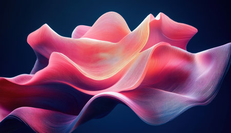 Pink lines forming an abstract shape on a dark blue background, a 3D rendering of a digital gradient with a flowing, wavy pattern. --ar 26:15 --v 6.1 Job ID: a1a09164-8bb9-466d-98e3-45cd60ab6650の素材