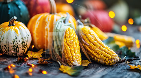 Harvest background with pumpkins, corn, and gourds on a wooden table, with string lights in front of a rustic wall. The image has copy space for text or design. This is a Halloween concept banner, a stock photo with 2/3 space for product advertising. --chaos 30 --ar 16:9 --v 6.1 Job ID: 2bfe0205-ffae-43cb-880f-97393f2ebc79の素材